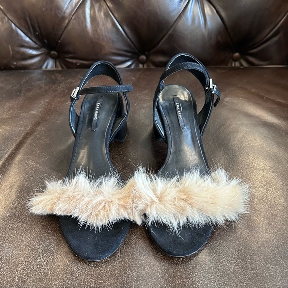 Zara Black faux fur black suede block heel sandals size 36 - Picture 2 of 8